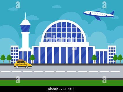 Flughafenterminal Gebäude mit Infografik Flugzeuge starten und verschiedene Transportarten Elemente Vorlagen Vektor Illustration Stockfoto