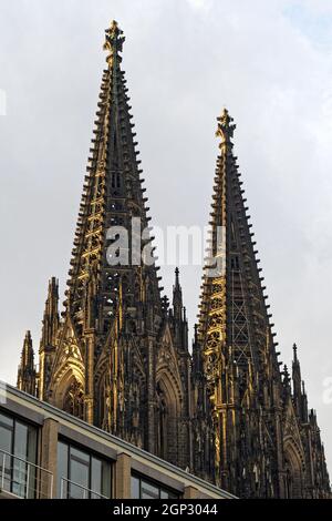 Der Doppelturm des kölner Doms am warmen Abend Leicht Stockfoto