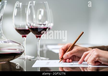Extreme Nahaufnahme der weiblichen Hand, die Notizen bei der Rotweinverkostung gemacht hat. Stockfoto
