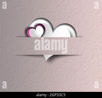 Elegante Liebe Valentinskarte, rosa Herzen in Papierstreifen auf altem Papier pastellrosa Hintergrund. Ziemlich elegant Valentinstag, Geburtstag, Liebe Design. 3D Stockfoto