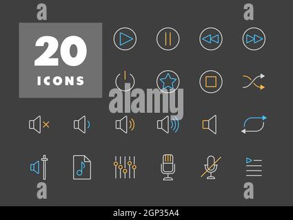 Flache Vektorsymbole für die Multimedia-Benutzeroberfläche auf dunklem Hintergrund Stock Vektor