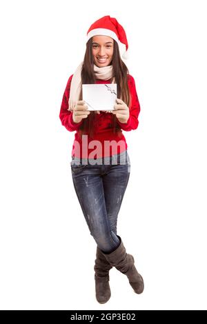 Eine schöne asiatische Frau mit Hut der Weihnachtsmann Geschenke Stockfoto