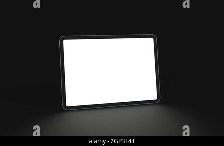 3d-Rendering eines leeren Tablet-Bildschirms mit Kopierplatz auf schwarzem Hintergrund Stockfoto