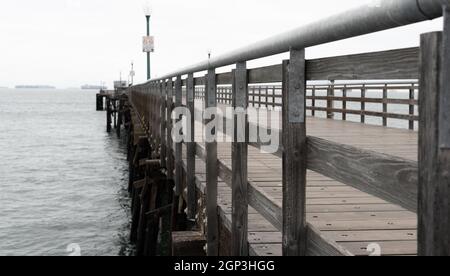 Containerschiffe warten auf den Zugang zum Hafen von Los Angeles, wie man vom Seal Beach Pier in Seal Beach, Kalifornien, USA, aus sieht Stockfoto