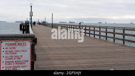 Containerschiffe warten auf den Zugang zum Hafen von Los Angeles, wie man vom Seal Beach Pier in Seal Beach, Kalifornien, USA, aus sieht Stockfoto