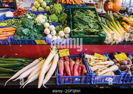 Obst- und Gemüsemarkt. Viele verschiedene frische Früchte und Gemüse. Stockfoto