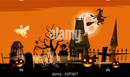 Happy Halloween Poster, gruseliges Lächeln Kürbisse, Nachtfriedhof, Spukhaus, Geist, Hexe, schwarze Katze, Vollmond. Vektorgrafik Cartoon-Stil Stock Vektor