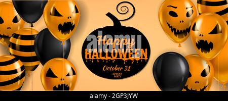 Happy Halloween Banner mit Luftballons realistisch. Gruseliges Lächeln, Geister-Symbole schwarz, orange Farben. Halloween Vorlage Hintergrund Stock Vektor