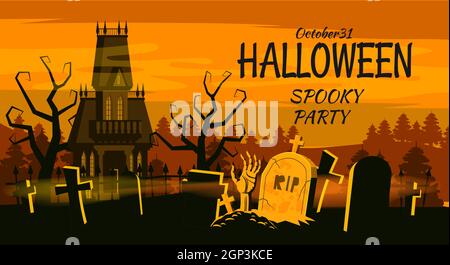 Happy Halloween Poster, Nachtfriedhof, Spukhaus. Vektor Illustration Cartoon Stil Banner Stock Vektor
