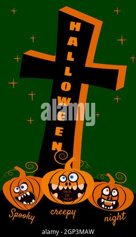 Halloween Urlaub Nacht Party Grußkarte fröhliche Kürbisse auf dem Friedhof Stock Vektor
