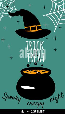 Halloween Urlaub Grußkarte Trick or Treat. Hexenhut Kessel. Vorlagenbanner Stock Vektor