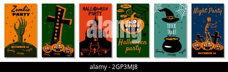 Set Halloween Urlaub Grußkarte fröhlich Kürbis, Spinnennetz, Toten, Hexe, Friedhof Stock Vektor