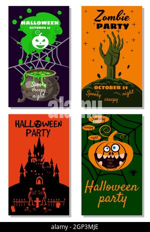 Set Halloween Urlaub Grußkarte fröhlichen Kürbis, Toten, Friedhof, Kessel, Schloss Stock Vektor
