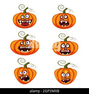 Set Kürbisse Halloween lustige Gesichter öffnen Münder gruselig und gruselig lustige Kiefer teeths Kreaturen Ausdruck Monster Charaktere. Vektorgrafik isolierte Karikatur Stock Vektor