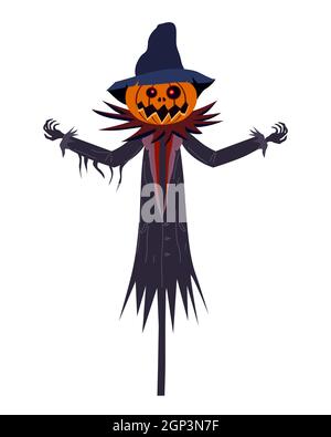 Scarecrow Charakter Halloween mit einem Jack O Laterne Kopf Kürbis in zerrissenen Mantel isoliert auf weißem Hintergrund Cartoon-Stil Stock Vektor