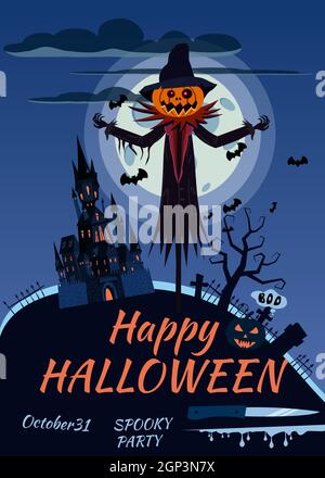 Scarecrow Charakter Halloween auf dem Friedhof mit einem Jack O Laterne Kopf Kürbis in gerissenen Mantel. Isoliert auf weißem Hintergrund Cartoon-Stil Stock Vektor