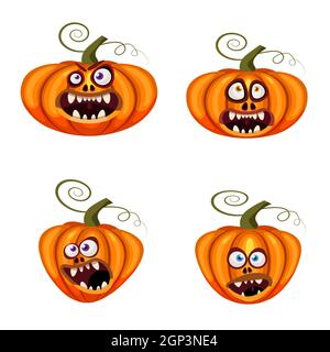 Set Kürbisse Halloween lustige Gesichter öffnen Münder gruselig und gruselig lustige Kiefer teeths Kreaturen Ausdruck Monster Charaktere. Vektorgrafik isolierte Karikatur Stock Vektor