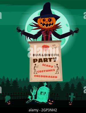Vogelscheuche-Figur auf dem Friedhof mit einem Jack O Laterne Kopf Kürbis im zerrissenen Mantel mit Happy Halloween Poster. Isoliert auf weißem Hintergrund Stock Vektor