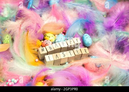 Frohe Ostern geschrieben mit Holzwürfeln und Hashtag umgeben von schönen pastellfarbenen dekorativen Federn und Eiern, April, Ostern, Religion, SPR Stockfoto