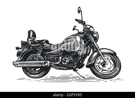 Motorrad-Vektor-Illustration im Skizzenstil. Motorrad vintage Transport isoliert auf weißem Hintergrund Stock Vektor