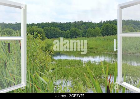 Zimmer mit großen Fenstern mit Blick auf die Landschaft mit See mit Schilf umgeben. Der Ausblick vom Zimmer Fenster Gestrüpp von Rush in See. Wunderschöne natürliche Land Stockfoto