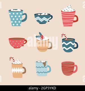 Heißer Tee, Kaffeetassen-Set. Vector Winterurlaub Elemente. Cups-Set in pastellfarbenen, gemütlichen Farben. Flaches Design Stock Vektor