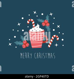 Handgezeichnete Weihnachtskarte. Rote Tasse mit heißem Getränk mit Creme, Weihnachtsbonbons und Stechpalme zur Dekoration. Postkarte auf dunkelblau. Flaches Vektordesign Stock Vektor