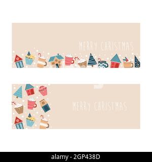 Frohe Weihnachten und Neujahrskarte. Handgezeichnetes Pastell-Design für Poster, Party-Einladung, Broschüre oder Flyer-Vorlage Stock Vektor