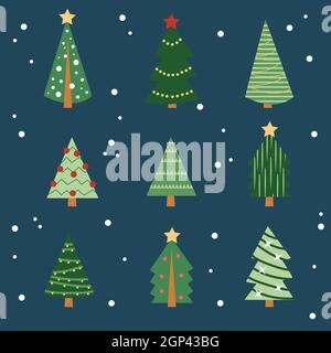 Cartoon weihnachtsbaum auf dunkelblauem Hintergrund gesetzt - flaches Design Stock Vektor