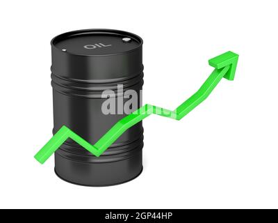 Ölpreissteigerung, Konzeptbild mit grünem Pfeil und Öltrommel Stockfoto