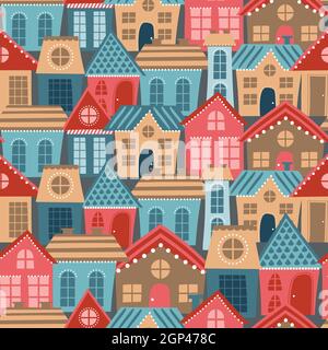 Nahtloses Stadtmuster. Cartoon farbige Häuser in verschiedenen Größen - endlose Design für Verpackung oder Stoff Stock Vektor