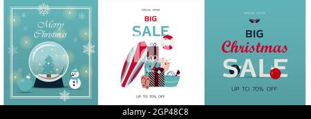 Set von weihnachtskarten. Vektor-Vorlage für Winterferien. Banner für den Verkauf im neuen Jahr, den schwarzen Freitag oder Weihnachtsrabatte. Flaches Design Stock Vektor