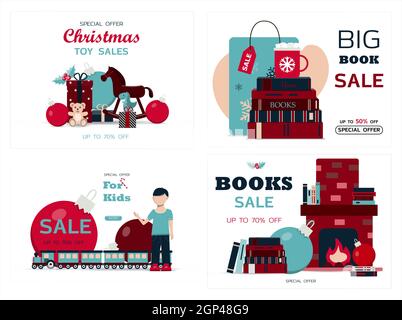 Set von weihnachtskarten. Vektor-Vorlage für Winterferien. Banner für den Verkauf im neuen Jahr, den schwarzen Freitag oder Weihnachtsrabatte. Flaches Design Stock Vektor