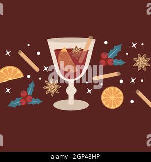 Heißer Glühwein in einem Glas. Elemente und Gewürze für einen Drink auf burgunderrotem Hintergrund. Für die Gestaltung von Winter- und Herbstmessen, Menüs Stock Vektor