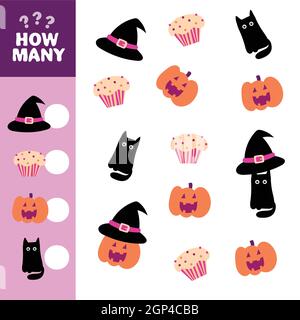 Arbeitsblatt zu den pädagogischen Aktivitäten für Kinder im Vorschulalter. Zählen Kinder Spiel von Halloween. Niedlicher Cartoon-Kürbis, schwarze Katze, Hut und Cupcake Stock Vektor