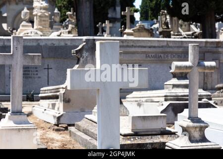 Madrid, Spanien; 6. Juni 2021: Kreuze im Vordergrund und Grabsteine im Hintergrund des alten Friedhofs von San Isidro in Madrid, Spanien. Konzept o Stockfoto