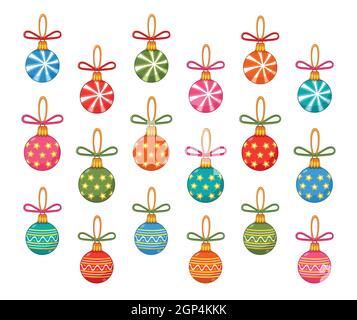 Weihnachtliche bunte Kugeln, Glas dekorative Baum Spielzeug Icon-Set. Dekoration zu Weihnachten oder Neujahr. Runde Kugeln mit Ornament, Schleifen. Vektor Stock Vektor