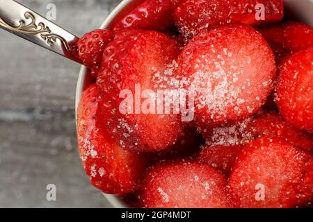 Detaillierte Ansicht von oben auf die kleine Schale mit frischen Erdbeeren mit Kristall Zucker bestreut, silbernen Löffel Was sind Sie bereit zu essen. Stockfoto