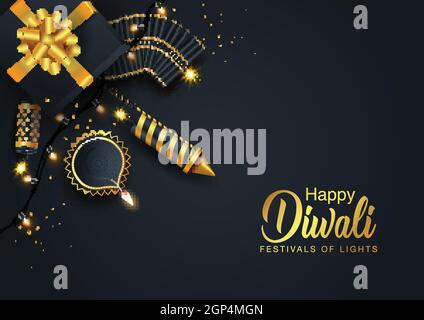 Indian Festival Happy Diwali mit Diwali Requisiten, Urlaub Hintergrund, Diwali Feier Grußkarte, Vektor-Illustration Design. Stock Vektor