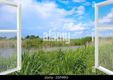 Zimmer mit großen Fenstern mit Blick auf die Landschaft mit See mit Schilf umgeben. Der Ausblick vom Zimmer Fenster Gestrüpp von Rush in See. Wunderschöne natürliche Land Stockfoto