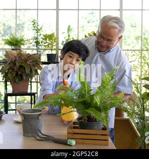 Der pensionierte Großvater verbrachte die Ferien mit seinem Enkel, der sich um den Innengarten kümmerte. Stockfoto