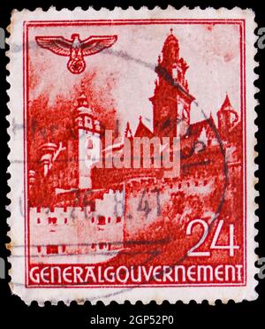 MOSKAU, RUSSLAND - 5. AUGUST 2021: Briefmarke gedruckt in Polen, Deutsche Besetzung im Zweiten Weltkrieg, zeigt Wawel, Krakau, verschiedene Ansichten Serie, um 1940 Stockfoto