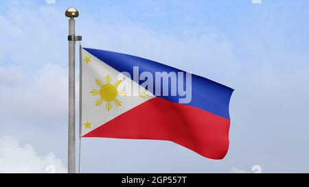 3D, Philippin Flagge winkt auf Wind mit blauem Himmel und Wolken. Philippinisches Banner, das glatte Seide weht. Stoff Stoff Textur Fähnrich Hintergrund. Verwenden Sie es für Stockfoto