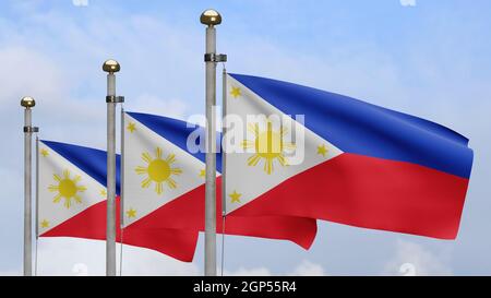 3D, Philippin Flagge winkt auf Wind mit blauem Himmel und Wolken. Nahaufnahme eines philippinischen Banners, weiche und glatte Seide. Stoff Stoff Textur Fähnchen b Stockfoto