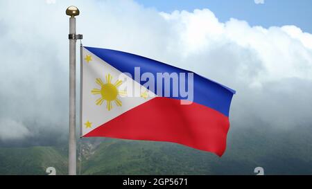 3D, Philippin Flagge winkt auf Wind am Berg. Philippinisches Banner, das glatte Seide weht. Stoff Stoff Textur Fähnrich Hintergrund. Verwenden Sie es für den nationalen Tag Stockfoto