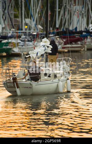 Motoryacht mit Segel unten Eintritt in Oakville Yachthafen am Lake Ontario Stockfoto