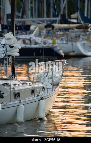 Motoryacht mit Segel unten Eintritt in Oakville Yachthafen am Lake Ontario Stockfoto