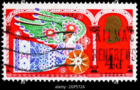 MOSKAU, RUSSLAND - 5. AUGUST 2021: Briefmarke gedruckt in Großbritannien zeigt Herald Angel, Weihnachten 1969 - Traditional Religious Themes Serie, circ Stockfoto