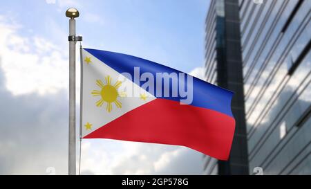 3D, Philippin Flagge winkt auf Wind mit modernen Wolkenkratzer Stadt. Philippinisches Banner bläst weiche Seide. Stoff Stoff Textur Fähnrich Hintergrund. Verwenden Sie es für Stockfoto