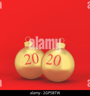 Zwei weihnachtskugeln mit Schild 2020 auf ihnen. Neujahr-Konzept. 3D-Abbildung Stockfoto